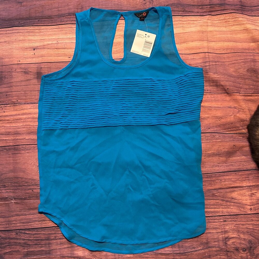 G by Guess Teal Pleated Sheer Tank Top Blouse - Keyhole Back - Size M